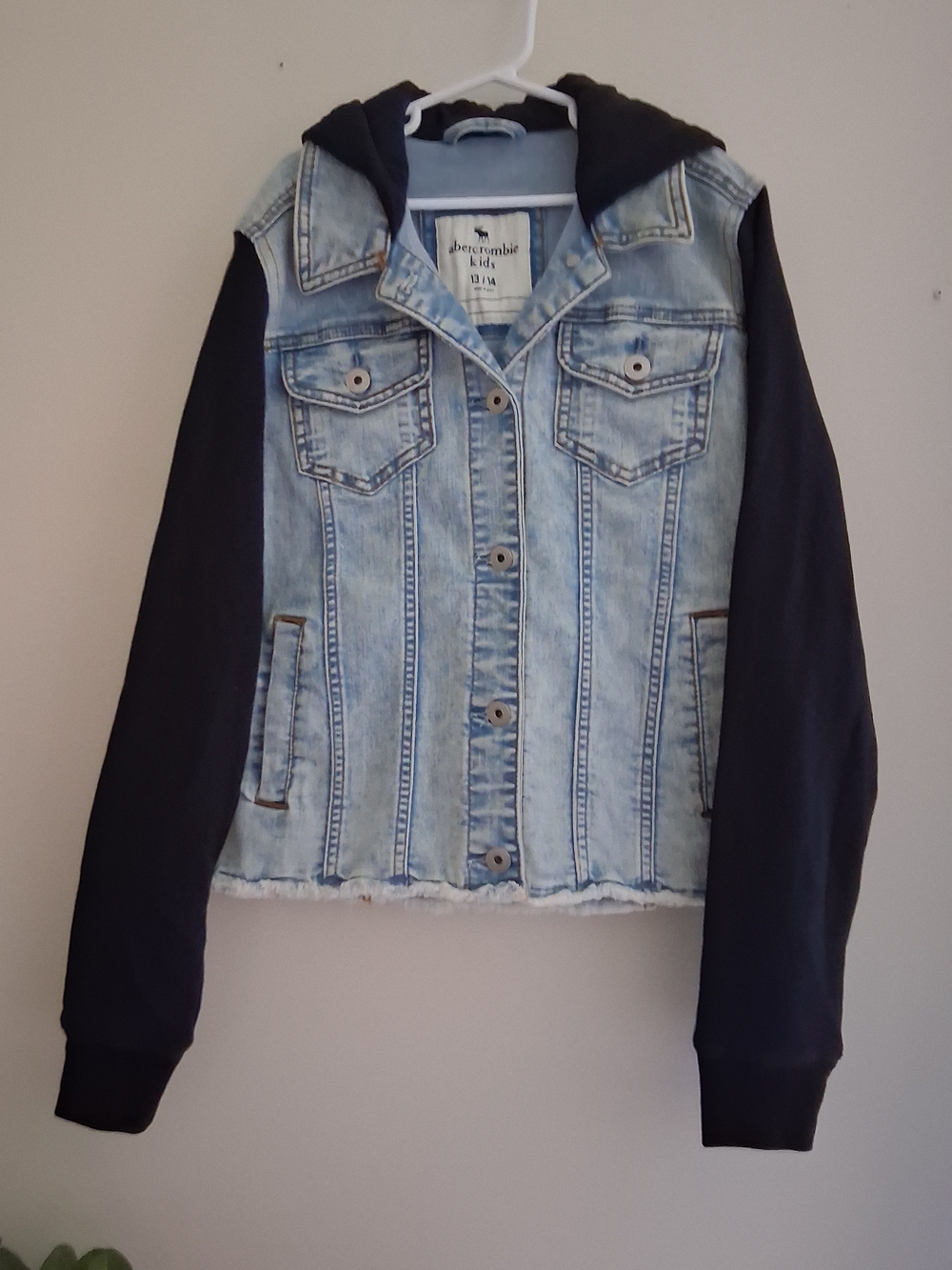 abercrombie kids Unisex Light Wash Denim Jacket with Navy Knit Hood & Sleeves
